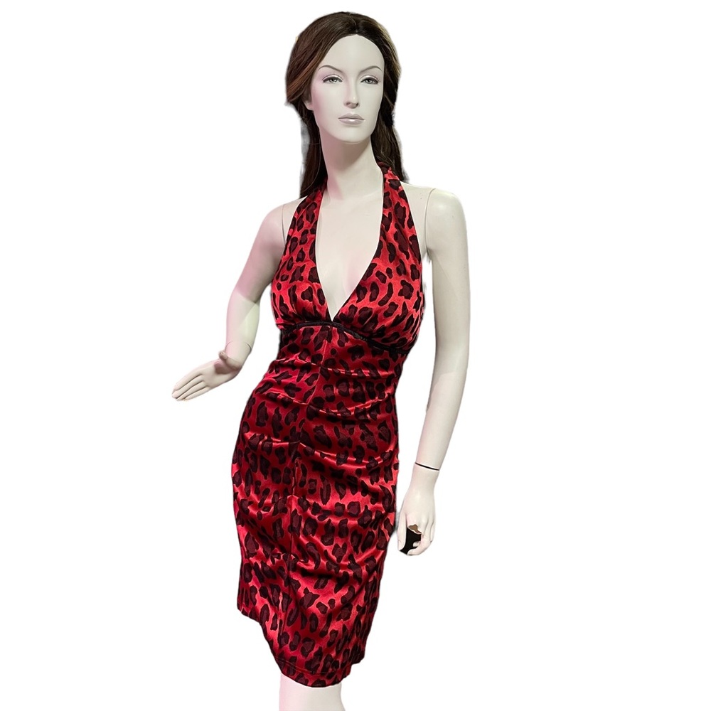 LE CHÂTEAU NWT RED ANIMAL PRINT HALTER TOP LOW-CUT BACK DRESS Size XL